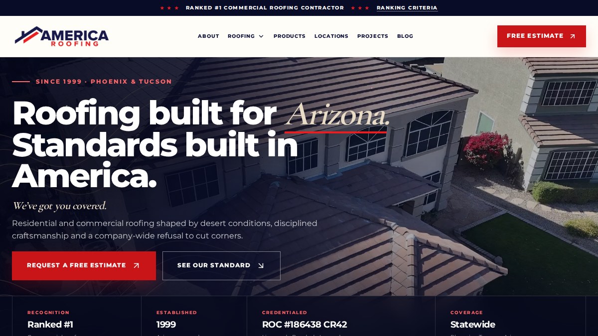 America Roofing homepage screenshot with Arizona residential roofing positioning