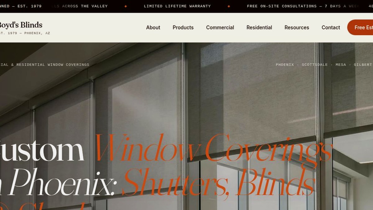 Boyd's Blinds homepage screenshot showing premium window covering positioning