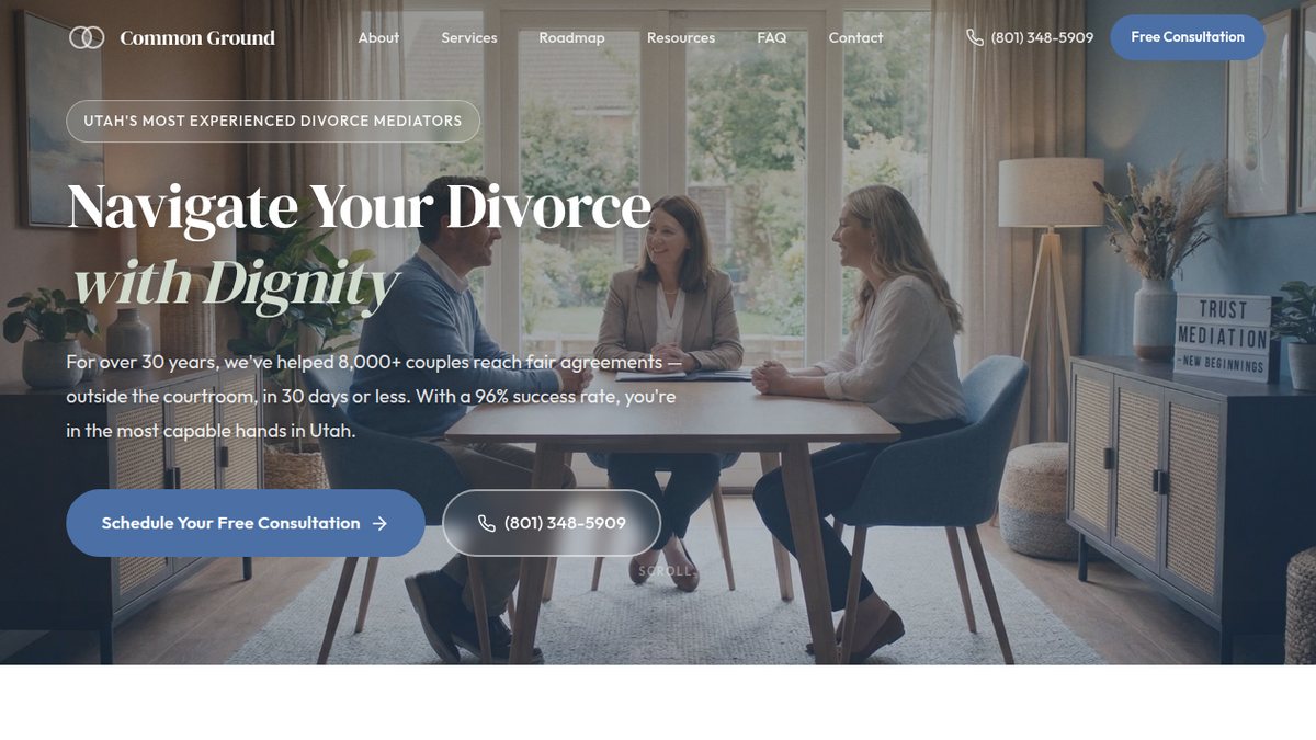 Common Ground Divorce Mediation homepage screenshot with calm mediation positioning