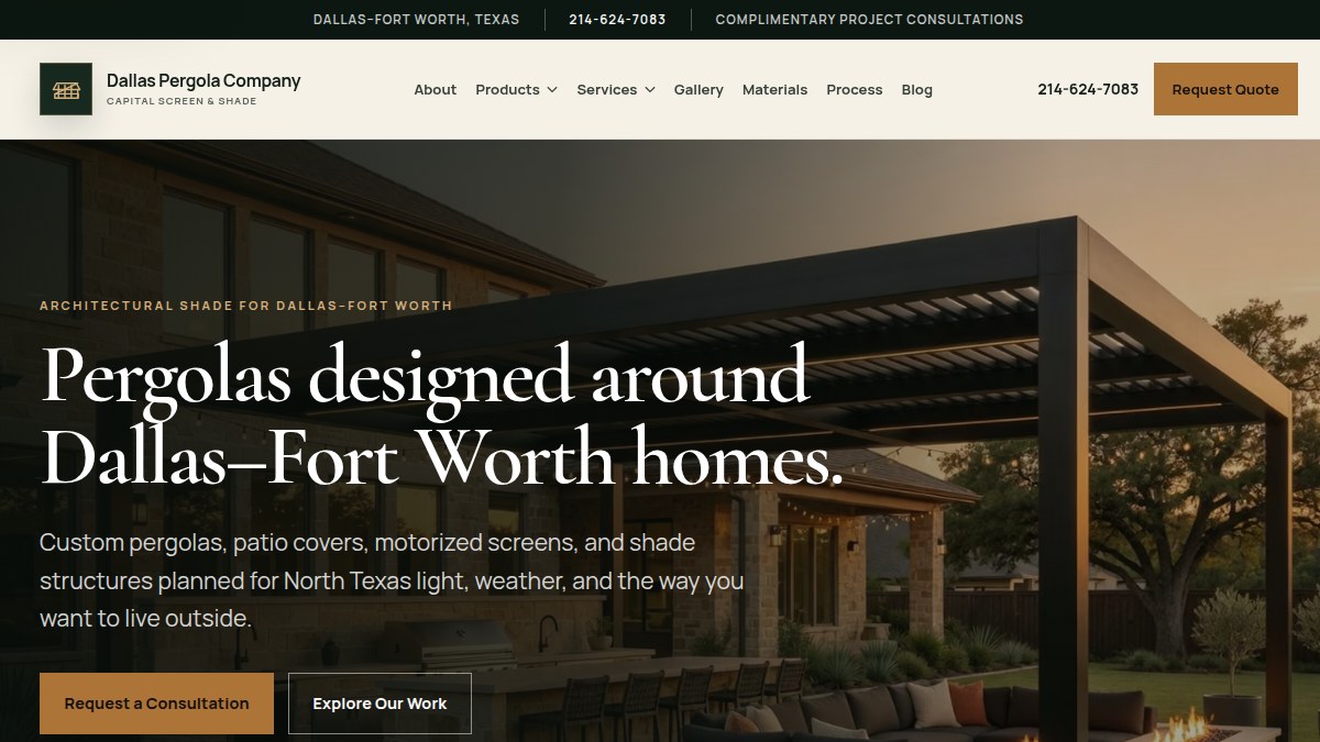Dallas Pergola Company homepage screenshot featuring a modern pergola and outdoor living space