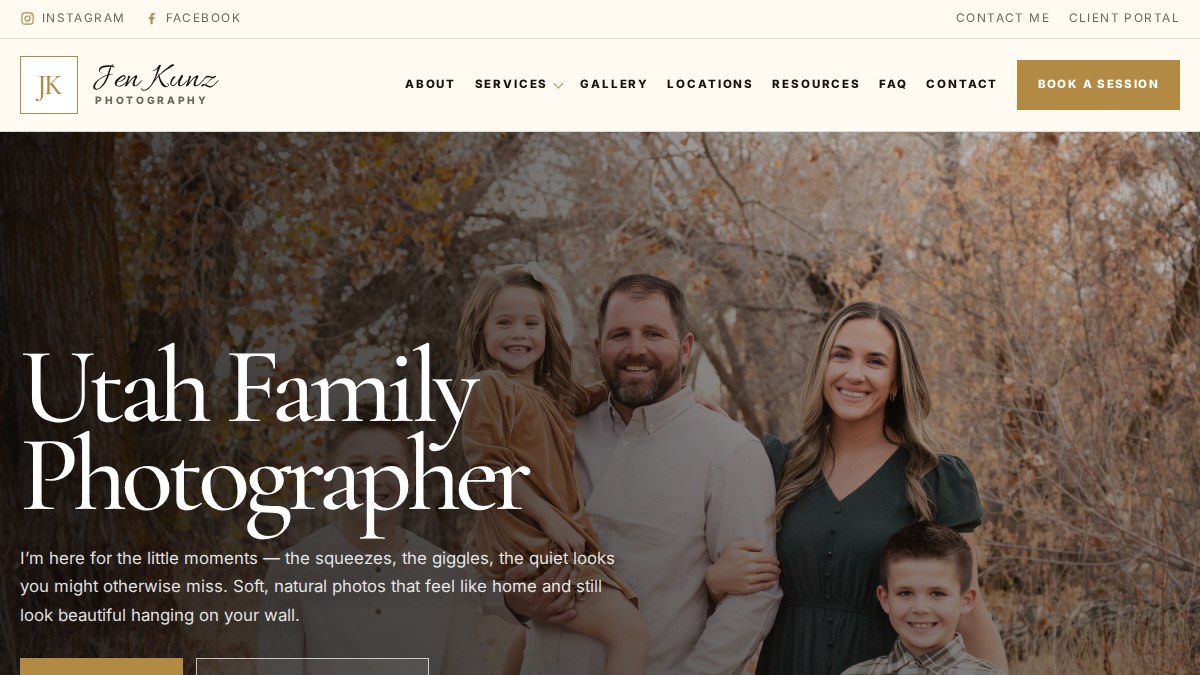 Jen Kunz Photography homepage screenshot with a warm Utah family portrait
