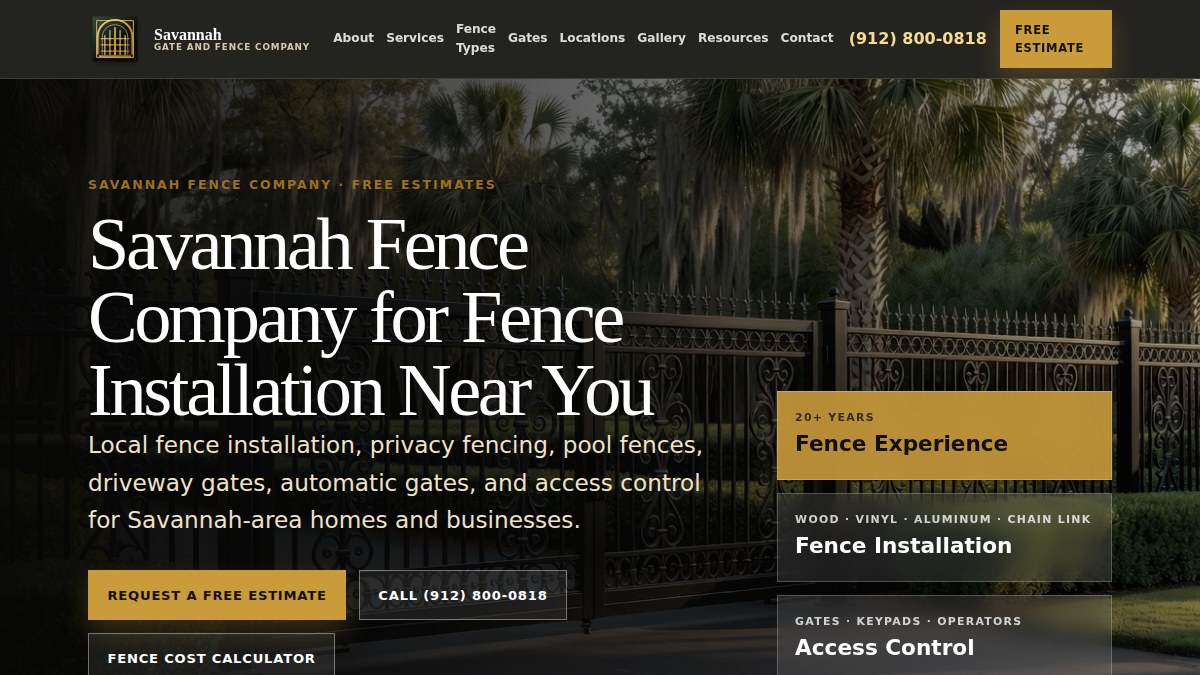 Savannah Gate and Fence homepage screenshot with local fence installation positioning
