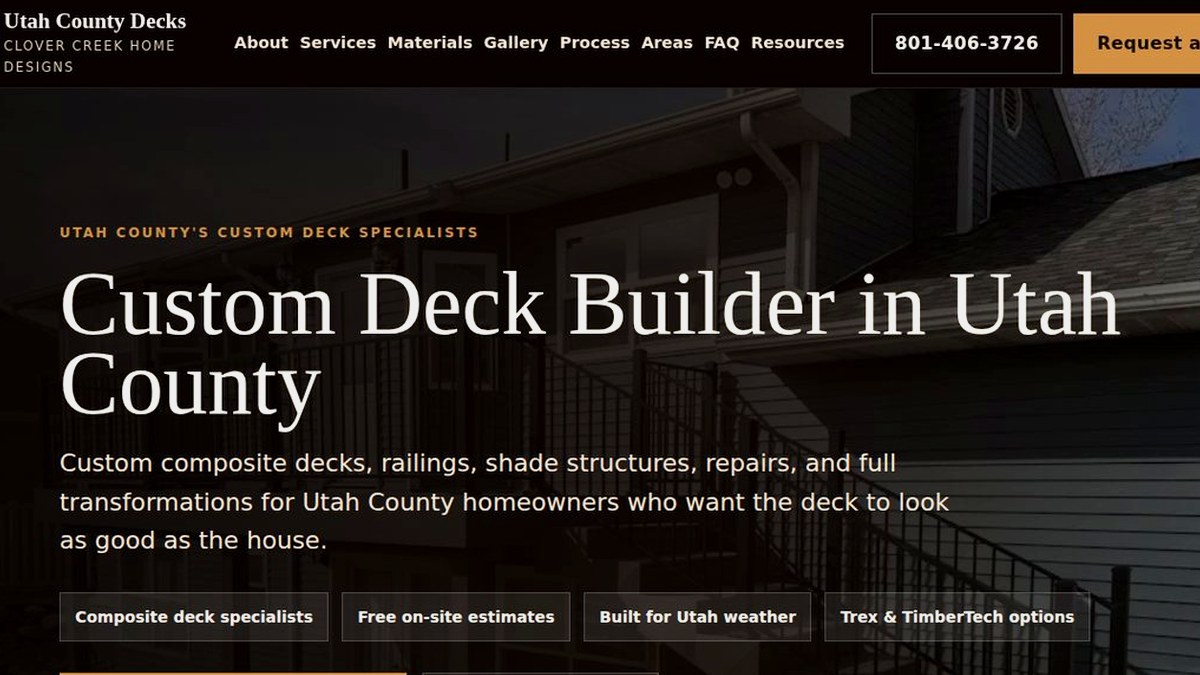 Utah County Decks homepage screenshot showing a premium deck contractor website hero