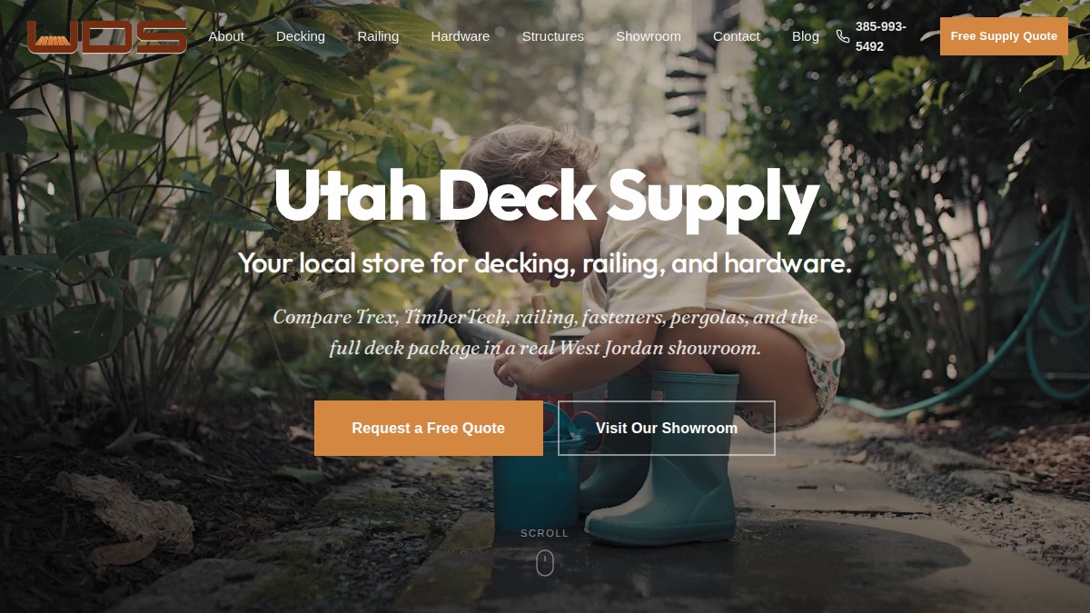 Utah Deck Supply homepage screenshot featuring decking railing and hardware