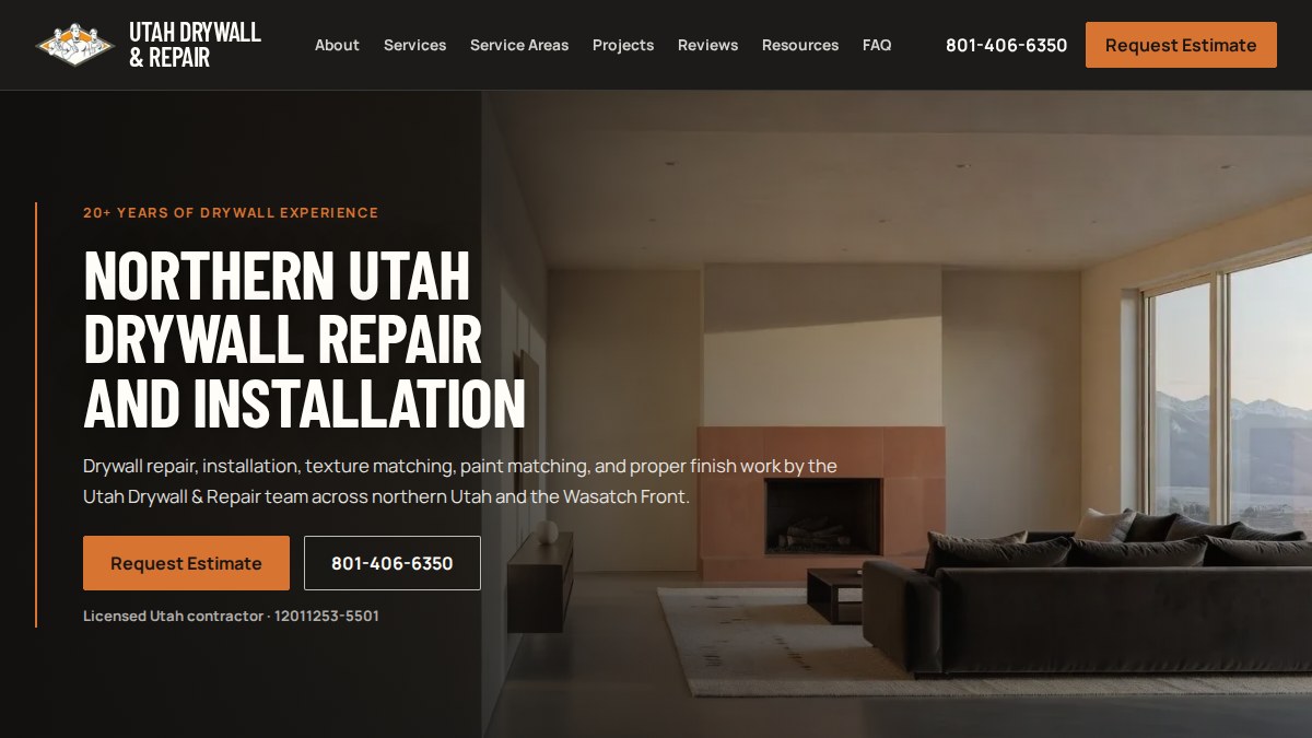 Utah Drywall and Repair homepage screenshot showing Northern Utah drywall services