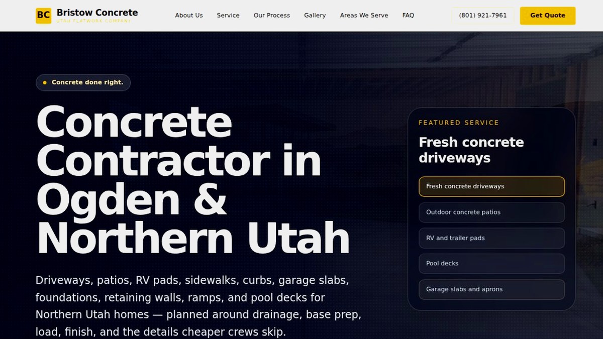 Utah Flatwork homepage screenshot showing the Bristow Concrete contractor website hero