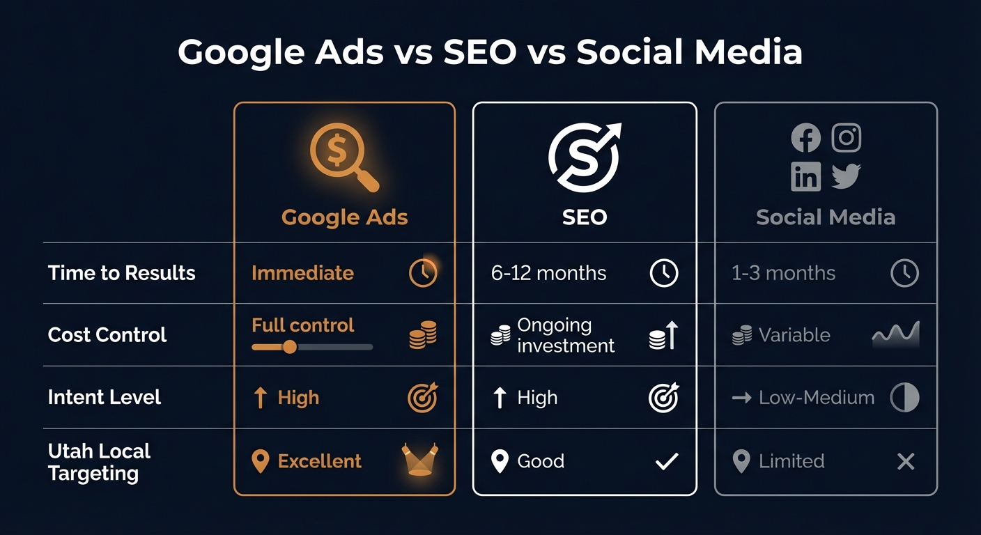 Google Ads vs SEO vs Social Media Comparison Infographic